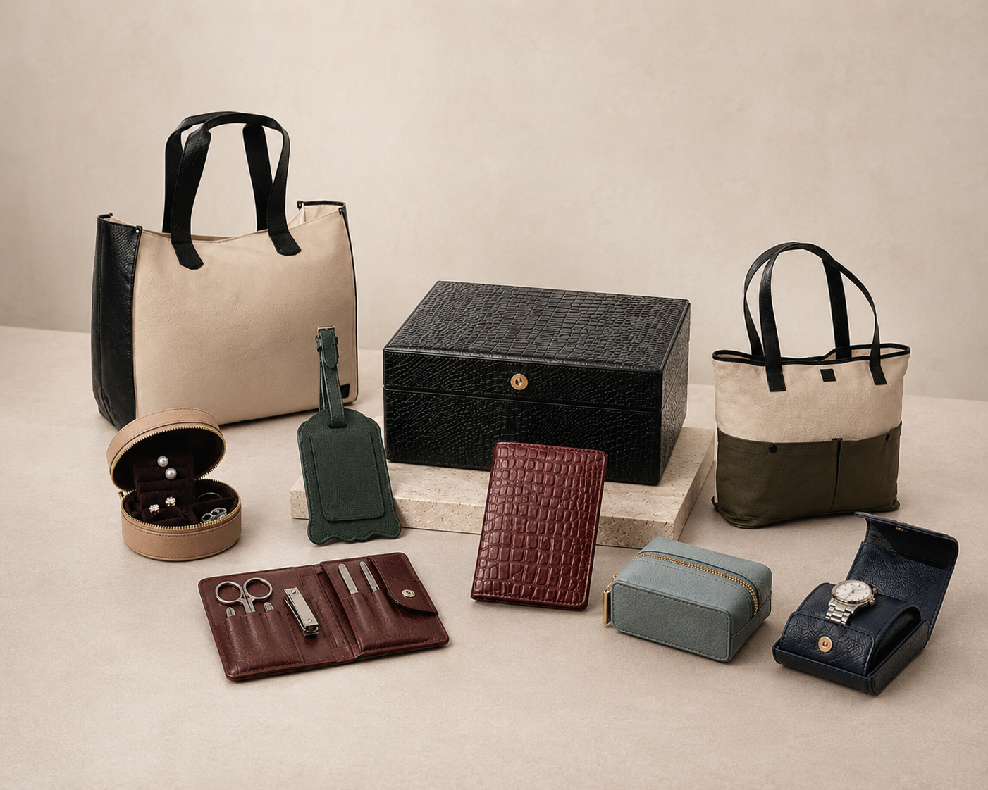 ORVA complete retail product range — tote bags, jewellery case, luggage tag, manicure set, watch roll and coin purse